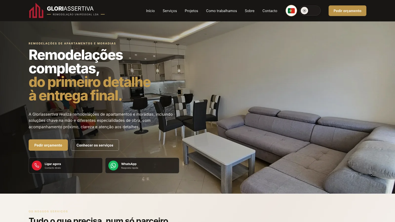 Gloriassertiva homepage showcasing renovations and contact options